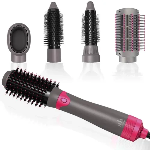 5-in-1 Adjustable Thermal Heated Brush Airstyler Kit - Negative Ion Detachable Blowout Volumizer, Interchangeable Nylon Heads Curler, 3-Level Temp Control for Bouncy Curls & Silky Straight Hair