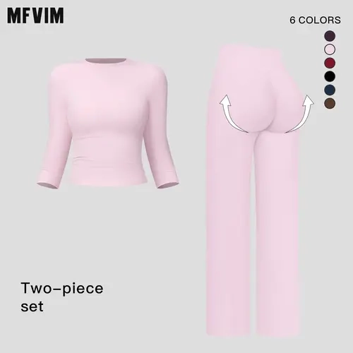 MFVIM Women's 2-Piece Solid Fitness Sports Suit - Loose-Fit Long Sleeve Top & High-Waisted Rolled Waist Pants, Matching Workout Sets for Yoga, Casual Activewear, Gym Use