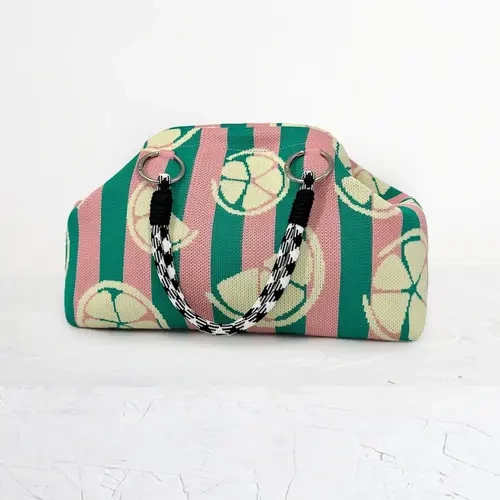 Women's Knitted Fashionable Handbag, Fashionable Patterned Bag, Summer Lemon and Striped Design, Woven Rope, Ideal for Beach, Vacation, Travel, Daily Use
