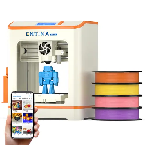 Entina Tina2C Mini Fully Assembled 3D Printer Starter Bundle with 1kg 4-Color PLA Filament, Auto Leveling, 3.9"x3.9"x3.9" Build Area, WiFi & App Control, 1500+ Model Library, 20+ DIY Modules, Removable Plate, LED Lighting, Kids' Birthday Gift