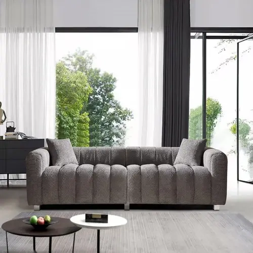 83.4" Mid-Century 3-Seater Sofa Couch, Tufted Teddy Fabric, Solid Wood Frame Legs, 2 Pillows, Grey Aesthetic Minimal Indoor Furniture for Living Room Interior, Lounge, Easy Install