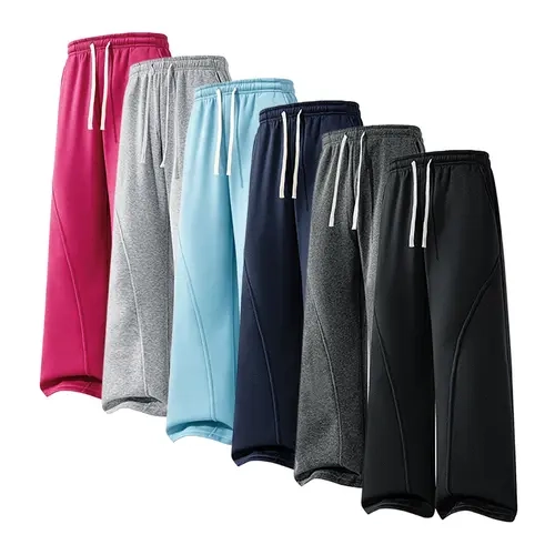 Men’s solid-color straight-leg long pants — fitness joggers with drawstring, side pockets; all-season outdoor casual sportswear suitable for year-round wear.