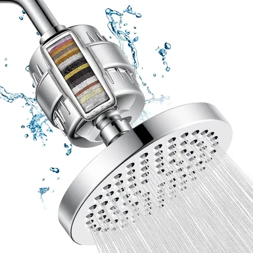 20 Stage Filtered Shower Head Set  Shower Filter - Reduces Chlorine And Heavy MetalsHigh Pressure Showerhead Filter With 6" Round, Luxury Polished Chrome