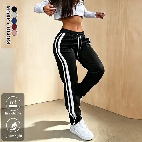 Women's All Season Stripe Accents Active Pants - Drawstring Elastic Waistband, Full Length Athleisure Bottoms for Fitness, Casual Everyday Wear
