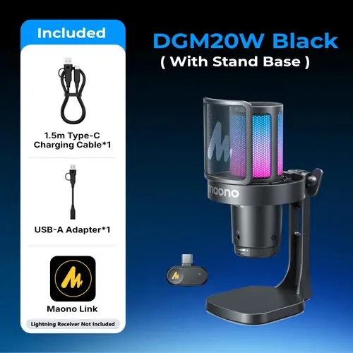 MAONO DGM20W 2.4GHz USB/Wireless Condenser Gaming Microphone - Wired Option, Adapter, Receiver, Cable, Desk Mount, Noise Cancellation, Quick Mute, Adjustable Gain, RGB Lighting, Rechargeable, Multi-Device for PC, PS5, Smartphone, 12-Month Audio Support