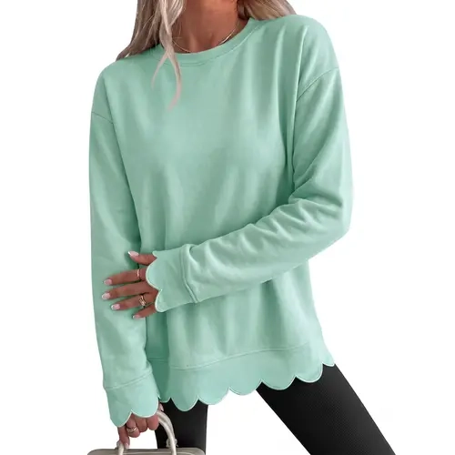 Fisoew Women's Feminine Minimalist Casual Knit Sweatshirt - Air-Layer Fabric, Long Sleeves, Round Neck, Oversized Tunic, Wavy Scallop Hem & Cuff, Loose Fit, Light Vintage Heather, Fall Layering Pullover for Everyday Women's Fashion