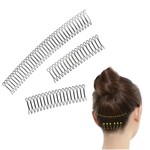 Women's Black 3-Piece U-Shaped Wavy Hairstyle Comb Set - Round Clips, Elastic Spring Bands, Bangs Clip, Basic But Good All-Seasons Hair Accessories with Multiple Uses for Weddings