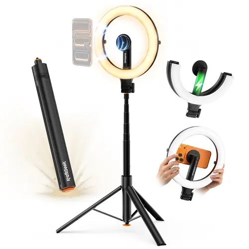 KRAFTGEEK Ring Light Tripod Portable Magnetic 76" Selfie Stick for iPhone Livestreaming, Video, Photography, with 3 Light Modes, 10 Brightness, 5000mAh Rechargeable Battery