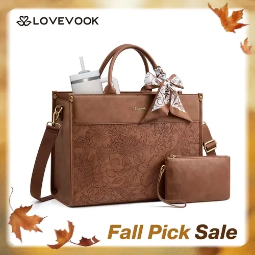 LOVEVOOK Laptop Tote Bag for Women,PU Leather Work Bag, Vintage Waterproof Business Teacher Bag