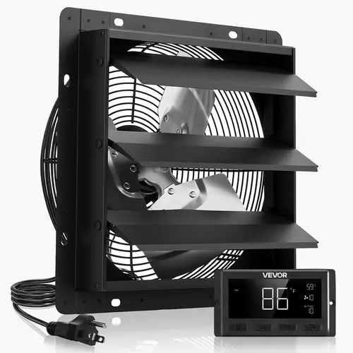 VEVOR 10-In Steel Wall-Mounted Extractor Fan Ventilator, 1000 CFM EC Quiet 80W Motor, 10-Speed Auto Set, Humidity Trigger, Programming, Temp Control, Timer, Powered-Open Shutters, Garage/Shed Cooling Vent Booster Exhaust Equipment, Black
