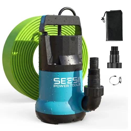 【SEESII】 1HP Submersible Water Pump, 4755GPH High Flow Sump Pump with 23ft Hose Kit, Anti-Clogging Filter Net for Swimming Pool Hot Tub Pond Basement Rooftop Garden Water Removal toolupgrade