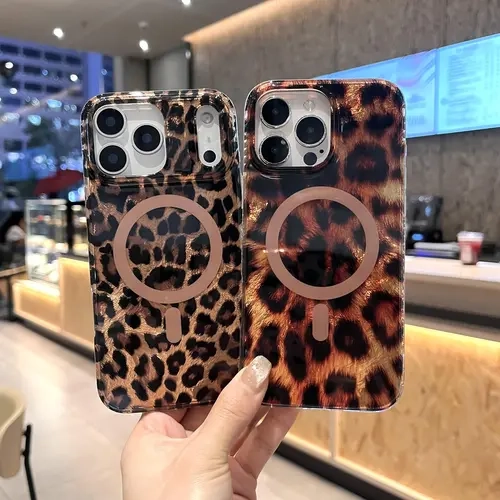 Magnetic Cheetah Leopard Print Phone Case For iPhone 18 Pro Max/18 Pro 17 16 15 14, Amber Tortoiseshell Pattern,Slim Shockproof TPU,Aesthetic Girly Glossy Cover for Women Men