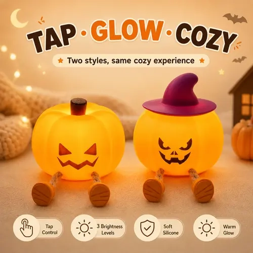 Pumpkin Shape LED Glow Night Light - Soft Silicone Tap Control Lamp with 3 brightness Levels, USB-C Rechargeable, 30-Min Timer, Nursery Bedroom Bedside Lamp, Halloween Festive Decor