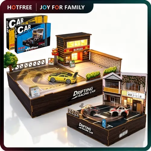 Hotfree 1/64 Car Drift Pad Turntable Diorama, Wooden DIY Drift Racing Parking Lot Scene Kit with LED Light, Premium Motion Display for Diecast Collectors, Includes Diecast Drift Car & 2Pcs Magnetic Accessories, Compatible with 1/64 Hot Wheels Diecast Cars