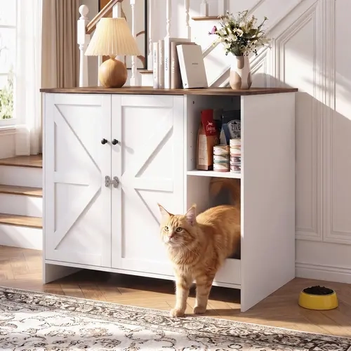 VOWNER Large Smart Cat Litter Box Enclosure, Hidden Cat Washroom with Power Outlet, Self-Cleaning Litter Box Furniture, Farmhouse Cat Cabinet For Smart Litter Box (Not included), 41” x 26” x 36” Cats House