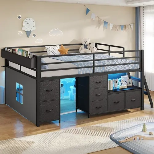 Sikaic Full Size Low Loft Bed with 7 Drawers, Bookcase & LED Lights, Metal Loft Bed with 14" High Guardrails, Inclined Ladder, Play Curtain & Under-Bed Play Space, Black Christmas Gifts [TiktokShopFallDealsForYou]