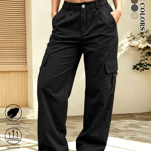 LIFE KEEPS MOVING women’s street casual cargo pants with elastic pockets, non-stretch fabric high-waisted cargo pants, solid color straight-leg outdoor casual pants, versatile wide-leg pants suitable for all seasons