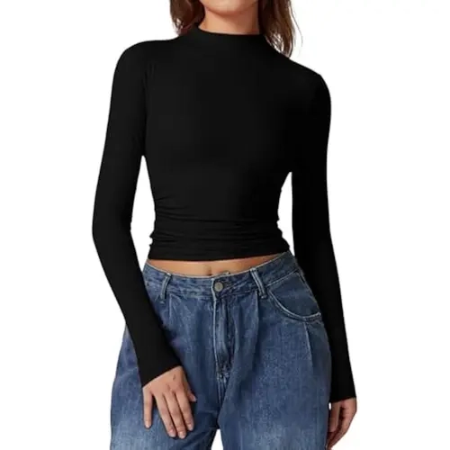QINSEN Womens Mock Neck Long Sleeve Shirt Double Lined Basic Tees Side Ruched Going Out Crop Tops
