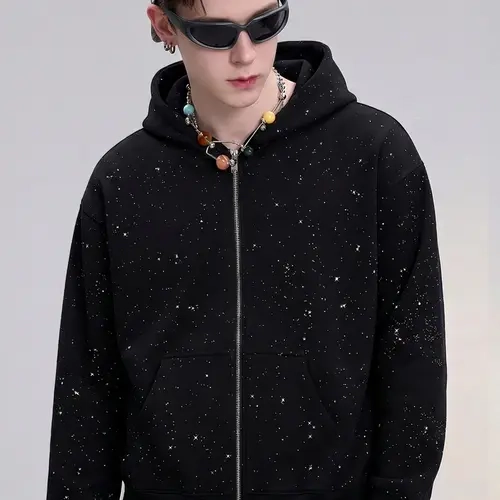 TELLFUN 2026 New Men's Sequined Oversized Loose Hooded Sweatshirt - Long Sleeve Zipper Hoodie with Pockets, Casual Streetwear for Daily Wear & Casual Party, Fall Menswear Tops