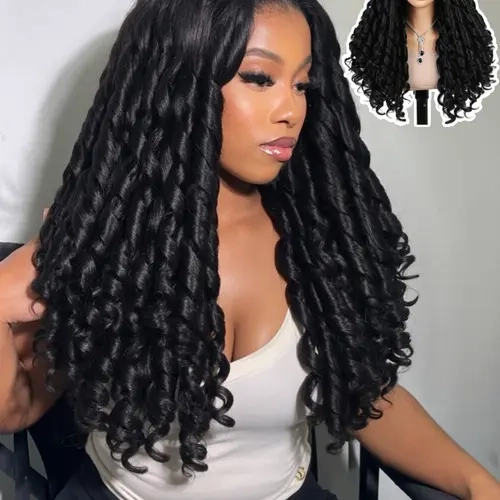 V Part Curly Wig Yaki Bouncy Curl, Glueless Synthetic Half Wig, 22 Inch Natural, Beginner Friendly, Heat Resistant, for Women Synthetic Fiber Wig