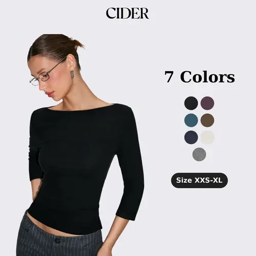 Cider Thermal Cotton-blend Boat Neck Mid-length Sleeve Top