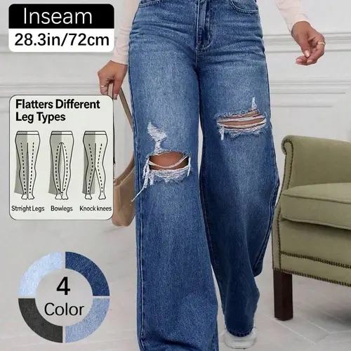 New Women's High-Waisted Vintage Ripped Jeans, Elastic Waist Wide Leg, Essential Casual Pants, Fashionable and Versatile