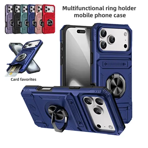 Military-Grade Protective Smartphone Case - Shock-Absorbent Anti-Drop Handheld Shell, 360° Rotatable Zinc-Alloy Ring Kickstand, Built-In Cash & Card Slot, Magnetic Car Mount Compatible TPU+PC Cover for iPhone 13-18 Pro Max/Plus Series Devices Accessories