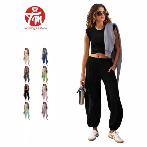 Tanming Women Cross Front 2 Piece Sets - Cropped Cap Sleeve Tee & High Waist Cuffed Sweatpants - Matching Outfits with Pockets Casual Summer Work School Vacation Loungewear Clothing