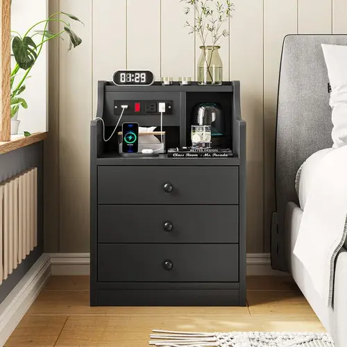 Sikaic Black Nightstand with Charging Station, Modern Bedside Table with Hutch, 3 Storage Drawers & Open Shelf, End Table for Bedroom, Home Furniture Christmas Gifts cozy home familyfun [TikTokShopblackfriday]
