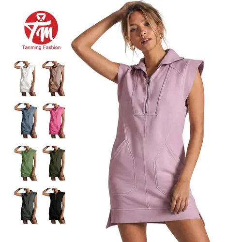 Tanming Womens Half Zip Sleeveless Sweatshirt Mini Dress Lapel Collar Tunics with Pockets Casual Summer Work School Vacation Loungewear Outfits Clothing