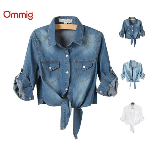 Ommig Women's Distressed 3/4 Sleeve Fitted Denim Tie Knot Crop Top - Y2K Western Button-Down Casual Shirt, Summer Basic Blouse for Women