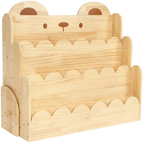 Primlect 3-Tiered Montessori Kids Bookshelf, Solid Wood Children's Furniture Organizer with Bear-Shaped Design, Scalloped Edges, Antitip Safe Base, Front-Facing Open Cubbies for Nursery Room, Three-Tiered