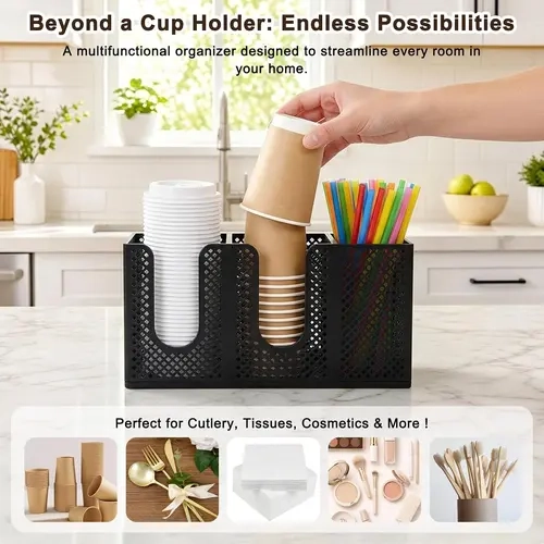Wall-Mount Cup & Lid Organizer, Drill-Free 3-Compartment Dispenser | Dual-Use Wall Mount & Desktop Storage; Fits 12oz-24oz Paper or Plastic Cups; Space-Saving Caddy for Kitchen & Coffee Station Drinkware