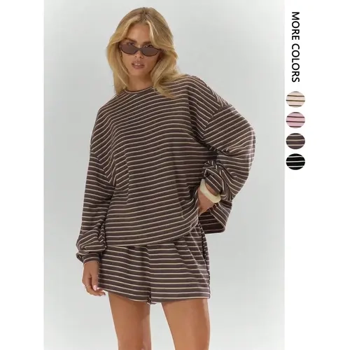 Women's Striped Set, Loose Fit Oversized, Casual Round Neck Long Sleeve Top, Pocket Shorts, 2-Piece Set, Soft Comfortable, Thick Warm Home Wear Everyday