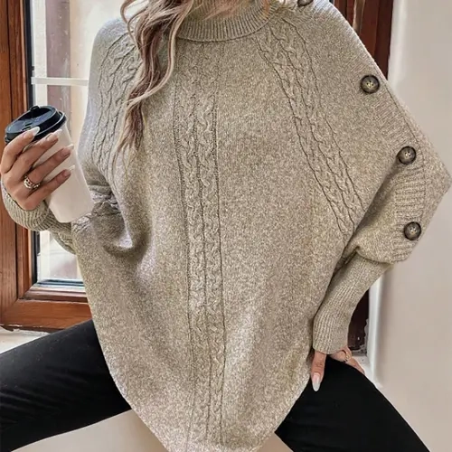 Women's Plain Fake Buttons Batwing Sleeve Loose Sweater, Casual Long Sleeve High Neck Jumper for Fall & Winter, Fashion Chic Ladies' Knitwear for Daily Wear