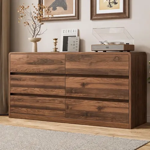 Walnut Brown Modern Bedroom Dresser - 6 Large Drawers, Curved Profile Design, Indoor Storage Chest for Living Room, Hallway, Dresser for Bedroom