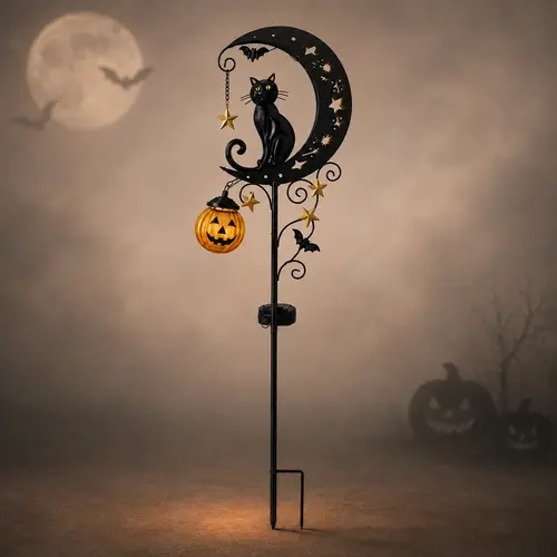 Halloween Solar Metal Jack-O'-Lantern Pumpkin Stake Lights - Art Deco, LED Glow, Light-Up Feature, Orange Pumpkin Outdoor Holiday Decor with Black Cat, Crescent Moon, Star Ornaments, Rechargeable Waterproof Yard Pathway Decor (1/2/4 Pack), Led Glow Outdoo