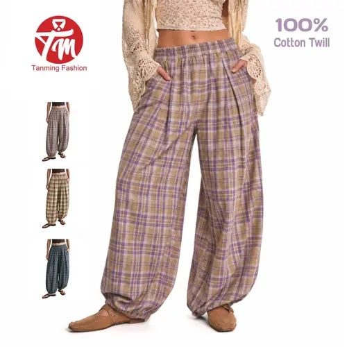 Tanming Womens Plaid Balloon Pants Shirred Elastic Waist Bubble Trousers 100% Cotton Twill Cinch Bottom with Pockets Casual Summer Work School Vacation Loungewear Outfits Clothing
