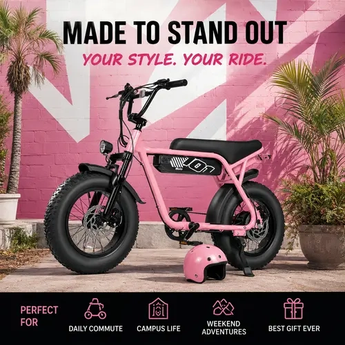 ESKUTE V101 Pink Moped-Style Electric Bike - 1500W Peak, 28MPH, 16x4.0 Fat Tire, 60Mi Range (PAS 1), 48V 13Ah, 330lb Load, 7-Speed, NFC Unlock, All-Terrain Ride, Extended Saddle, Ebike Accessories Compatible, Daily Commute Essential
