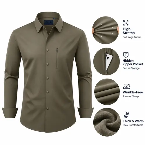 Alimens&Gentle Men's Stretch Dress Shirts Regular Fit, Soft Yoga Fabric Button Down Shirts, Wrinkle-Free & Comfortable, Hidden Zipper Pocket, Thick Warm Shirts for Fall Winter, Business Casual