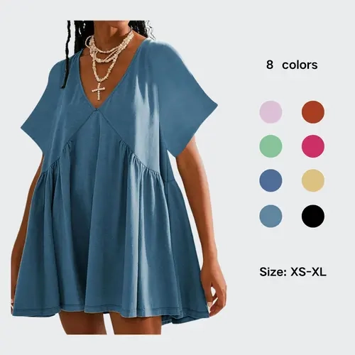 Molitree Womens Summer Mini Dress Casual Short Sleeve Loose V Neck Flowy Sundress with Pocket Cute Beach Vneck Shortsleeve
