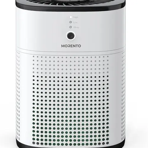 MORENTO MR1800 Air Purifier - 9*9*12 Inch Compact 3-Stage Filtration, 360° Intake Adjustable Portable Cleaner, 22dB Quiet, Timer, Cleans Wildfire Smoke/Pet Dander, Anti-Allergic Dust Mite Allergy Relief, Ideal for Bedroom/Office, Birthday Gift