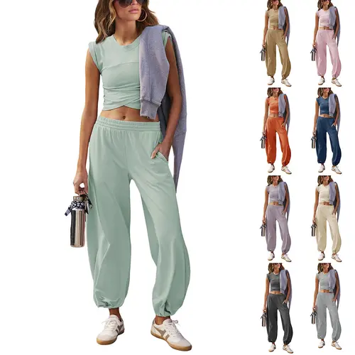 Ommig Women's 2-Piece Cotton Activewear Set - Lightweight Basic Casual Lounge Tracksuit with Cropped Top, Sweatpants, Pockets, Everyday Wear Sports Clothes