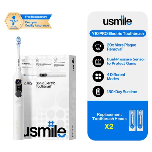 usmile Y10 Pro Electric Toothbrush - ADA & TÜV Trusted, Smart Screen (Missed Spot Real-Time Guide), USB-C Power Rechargeable Cable, Pressure Control, 6-Month Long Runtime, Plaque Removal, Gum Health Support, Replacement Head Compatible