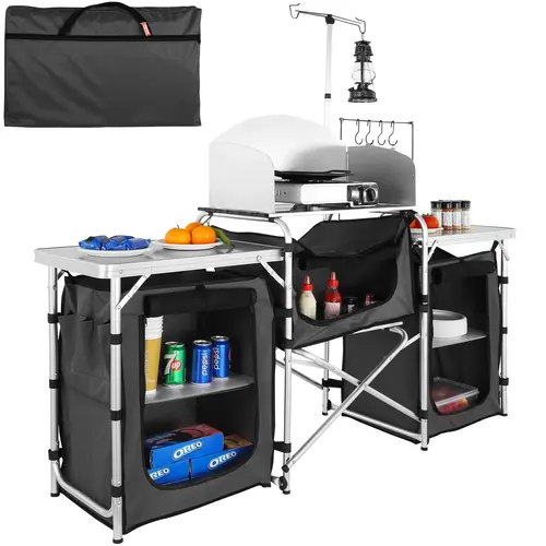 【Father's Day Gifts】VEVOR Aluminum Frame Compact Fold Camping Kitchen Station - 3 Cupboards, Detachable Windscreen, Storage Bag, Quick Set-Up, 5.5in Slim Fold, MDF, Camping Furniture, Portable Outdoor Grill Table, RV/BBQ/Picnic Ready, Wind-Safe Cooking