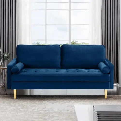 65" Mid-Century Modern Soft Velvet Loveseat Sofa - 2-Seater Upholstered Couch with Tufted Back, Ergonomic Armrests for Long Lounging, 2 Pillows, Gold Legs, Navy Blue for Living Room Apartments