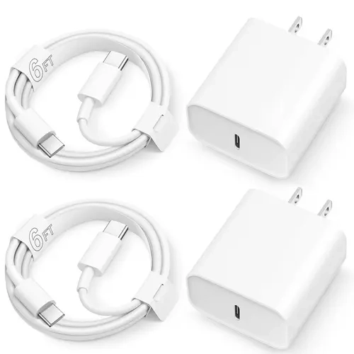 2-Pack 20W USB C Fast Charger with Cables, Portable Power Delivery 3.0 Wall Plug Adapter with 6FT & 10FT Type C Cables for iPhone 16 15 14 13 12 Pro Max, Samsung Galaxy, Pixel, Android Cell Phones & iPad