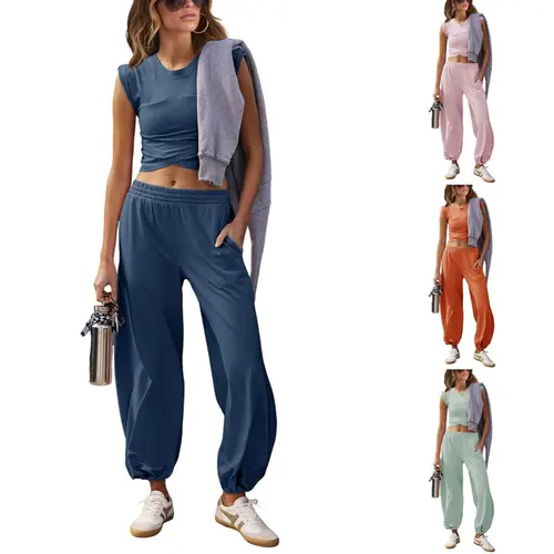 UANEO Women's Two-Piece Casual Suit Short Top With Sports Pants Sportswear With Pockets Lady Comfort Minimalist #TikTokShopBacktoSchool