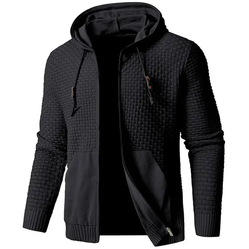 Zaitun Men's Hooded Cardigan Sweatshirt - Full Zip-Up, 3D Waffle Knit, Long Sleeves, Slim Fit, Lightweight, Soft, Stylish, Casual, Large, Solid Storage-Pockets Top for Fall Outings, Layering Piece (Menswear)
