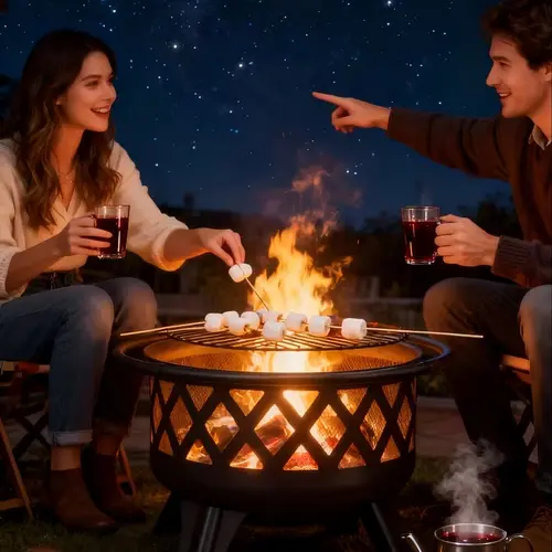 Aoxun Heavy Duty 30" Diameter Round 2-in-1 Wood Burning Firepit with 360° Adjustable Grill, Spark Screen, Poker, Flame Control, Airflow, Assembly Required - Metal Garden BBQ Accessory for Family Patio, Beach Bonfire Parties